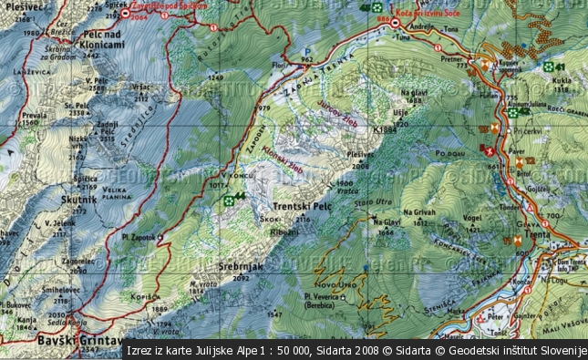 Véverica, kolektivno ime vrhov (H.Tuma) v grebenu od kote 1894 do Trentskga Pelca 